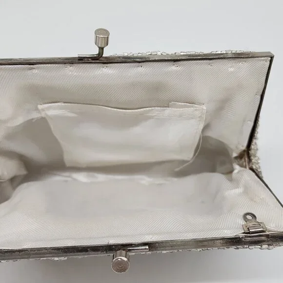 Vintage 1950's Silver Pearl Diamond Pattern Hand Beaded Evening Purse Clutch - Picture 12 of 12